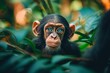 A baby chimpanzee with bright blue eyes sits on a branch in the jungle