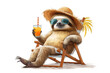 Happy and smiling sloth wearing summer hat and stylish sunglasses, holding glass with drink on beach chair isolated over white background