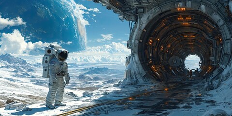 Wall Mural - futuristic space station, astronauts wearing high-tech suits and a view of Earth