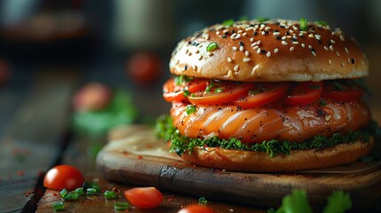 burger, salmon, fast food, gourmet food, cooking, sesame bun, quality ingredients, creative cooking, healthy fast food, modern cuisine, restaurant menu, culinary arts, gastronomic experience, gourmet 