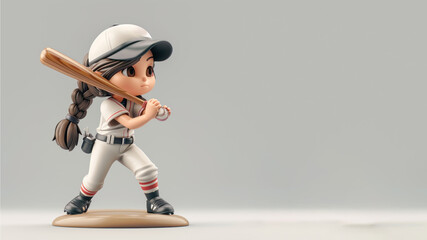 Wall Mural - A woman cartoon baseball player in white jersey with equipment