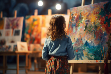 Little beautiful child draws on an easel in an art studio drawing school creativity generative AI