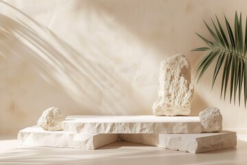 minimalist white cream stone slab podium. for product display presentation