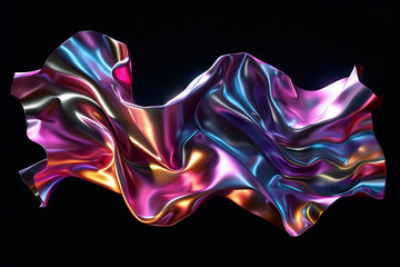 Wall Mural - Vibrant abstract holographic shape floating on black background. Transparent glass texture on wavy figure.