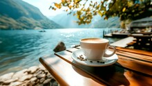 A Cup Of Coffee On The Table, Flowers, Butterflies Fluttering With A Lake View Seamless Looping Time-lapse 4k Animation Video Background  Generated AI

