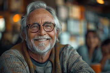 Wall Mural - A cheerful senior man with a well-groomed beard and mustache, wearing glasses and a smile, exudes wisdom and confidence as he walks down the street, showcasing his stylish eyewear and taking care of 