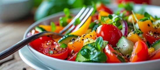 Poster - Fresh and healthy mixed salad in ceramic bowl with a silver fork on a wooden table