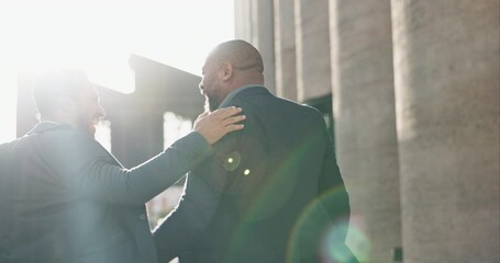 Canvas Print - City, laughing and walking with corporate men outdoor together on morning commute to professional job. Collaboration, travel or back with business or employee friends on street of urban town