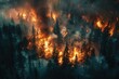 A blazing inferno consumes the tranquil forest, its fiery breath suffocating the surrounding trees with billowing plumes of smoke