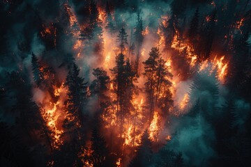 Poster - A blazing inferno of fireworks and flames engulf a peaceful forest, suffocating it in thick smoke as trees sway in the intense heat of the outdoor chaos