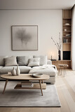 Fototapeta Przestrzenne - A modern living room with a Nordic aesthetic, featuring a combination of clean lines, functional furniture, and a soothing color palette.
