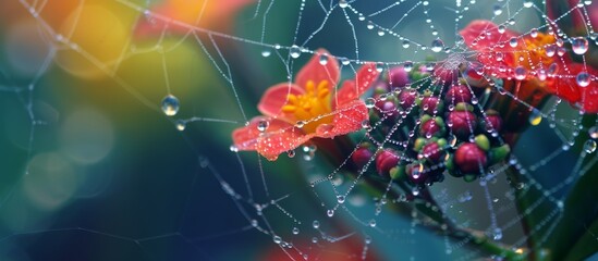 Poster - intricate spider web glistening with mesmerizing water droplets in natural light
