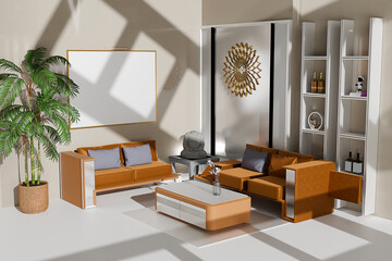 Wall Mural - Beige living room interior with sofa and decoration. Mockup copy space wall. 3D rendering