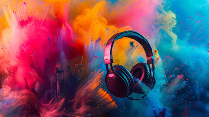 World music day banner with headset headphones on abstract colorful dust background. Music day event and musical instruments colorful design 