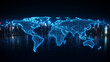 digital world map with blue glowing pixels, internet connected modern tech world, digital data map, futuristic technology background or wallpaper, online data network 