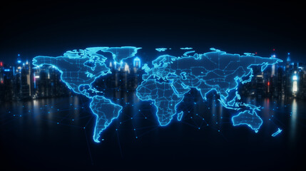 Wall Mural - digital world map with blue glowing pixels, internet connected modern tech world, digital data map, futuristic technology background or wallpaper, online data network 