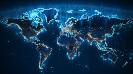 Poster - digital world map with blue glowing pixels, internet connected modern tech world, digital data map, futuristic technology background or wallpaper, online data network 