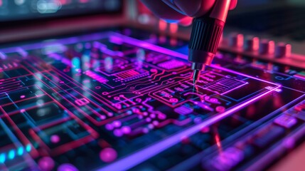 Poster - Engineer meticulously works on circuit design using a computer with schematic software in a vibrant, high-tech environment.