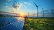 © Old Man Stocker - Sunset view over a field of renewable energy sources featuring wind turbines and solar panels amidst natural scenery.