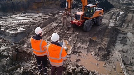 two engineers in safety gear using survey equipment to assess the environmental impact at a construc