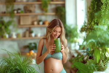 Wall Mural - Young pregnant woman drinking fresh and healthy green smoothie