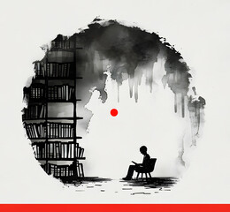 Wall Mural - Black and white illustration of a person reading in a library. Library Graphics