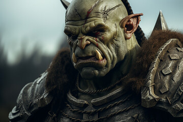 Poster - AI generated image of an ugly scary horrible orc ogre with medieval armor