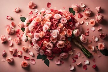 /imagine: A trail of rose petals leading to an intricately arranged bouquet, each flower representing a chapter of their love story, captured in vibrant detail against a blush pink backdrop