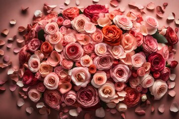 Wall Mural - /imagine: A trail of rose petals leading to an intricately arranged bouquet, each flower representing a chapter of their love story, captured in vibrant detail against a blush pink backdrop 