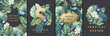 Floral vector watercolor frames and bouquets of tropical peacock feathers, leaves and flowers for greeting or invitation