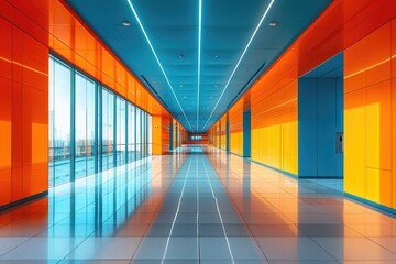 Poster - An inviting indoor space adorned with vibrant amber and blue walls, symmetrical lines of light on the ceiling and floor, and art adorning the walls, creating a harmonious blend of warmth and creativi