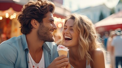 A young couple has fun and joy at an amusement park