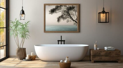 Wall Mural - Bathroom interior design with a jacuzzi tub, black and white concept.