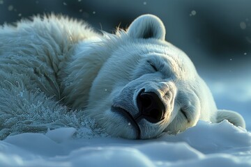 A majestic polar bear peacefully slumbers in the serene arctic landscape, its furry snout buried in the soft, powdery snow