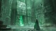 A dark chamber with emeralds lighting ancient scripts on the walls where a scholar deciphers the texts in the mystical light