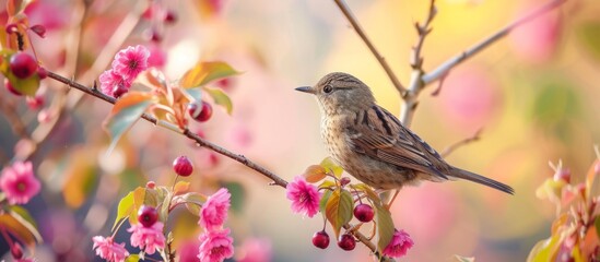 Wall Mural - Beautiful bird perched on a lush green tree branch in a natural setting