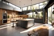 Interior design of a kitchen in a modern house with an open terrace