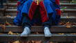 PhD doctoral graduate in regalia gown holding Tudor bonnet cap sitting on university steps with sneaker canvas shoes showing Red and blue grad gown gold tassel showing. Creative Banner