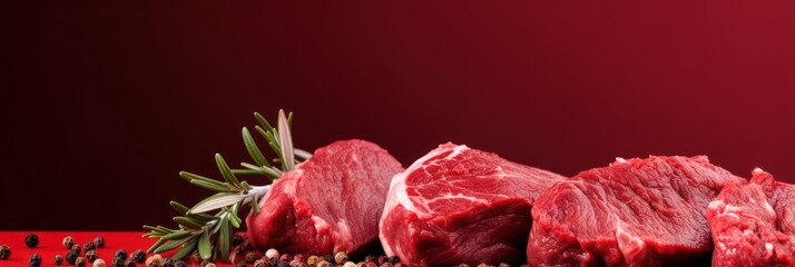 Fresh meat slices on red background, wide horizontal panoramic banner with copy space, or web site header with empty area for text.