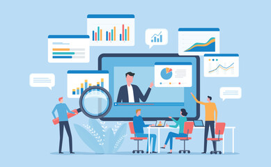 Wall Mural - business data analytics report. finance investment graph. online marketing strategy planning, and online education learning with webinar. people team working meeting for brainstorming concept
