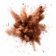 Explosion of brown colored powder. Close up dust isolated on white background, with full depth of field and deep focus fusion 
