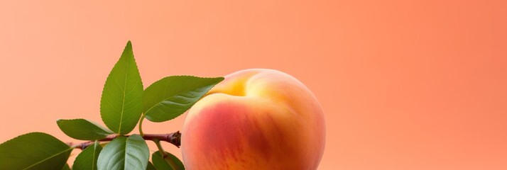 Wall Mural - Juicy ripe peach on vibrant background, wide horizontal panoramic banner with copy space, or web site header with empty area for text.