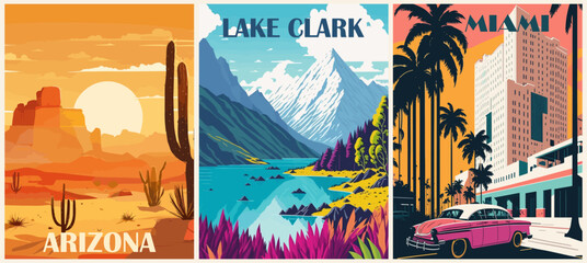 Wall Mural - Set of Travel Destination Posters in retro style. Arizona, Lake Clark, Alaska, Miami, USA prints. American summer vacation, holidays concept. Vintage vector colorful illustrations.