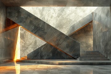 Poster - A striking concrete staircase leads to a mesmerizing x-shaped structure, an artful display of symmetry and composite materials