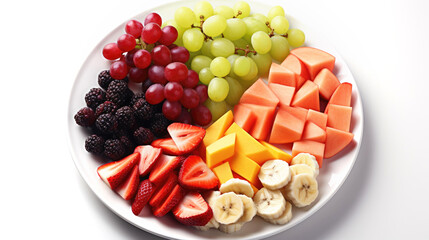 Wall Mural - Top view of colorful raw cut fruits including oranges, kiwis, grapes, strawberries and bananas on white plate