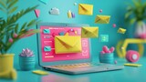 Fototapeta  - 3d render of laptop with flying envelopes and letter, illustrating the concept of email marketing.
