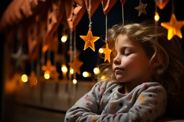 Canvas Print - A young girl with curly hair dreams peacefully amidst a backdrop of twinkling festive lights.