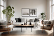© LOVE ALLAH LOVE - A modern Scandinavian living room with a black and white color scheme, sleek furniture, and pops of greenery, creating a contemporary and refreshing ambiance.