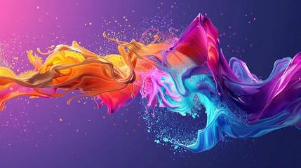 Poster - A digital art piece featuring a vivid splash of colors against a purple background, exemplifying fluid dynamics and abstract expressionism. Dynamic Abstract Color Splash on Purple Background

