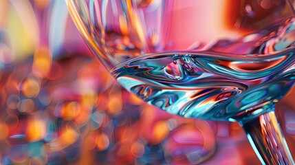 Poster - A close-up of a transparent glass containing a swirling, multicolored liquid with a vibrant bokeh background. Abstract Colorful Liquid in Transparent Glass

